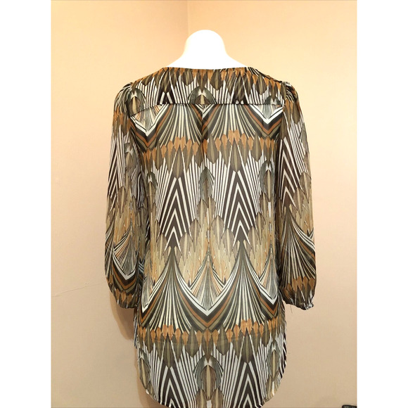 TRAVELSMITH Sheer Brown Feather Animal Print Beaded Collar Tunic Blouse Small - Picture 5 of 9